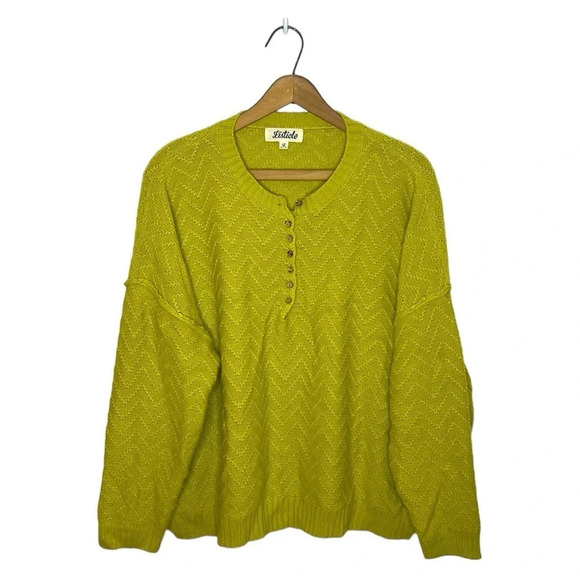 LISTICLE Chartreuse Green Popover 3/4 Button Cozy Knit Boho Sweater - Picture 11 of 11